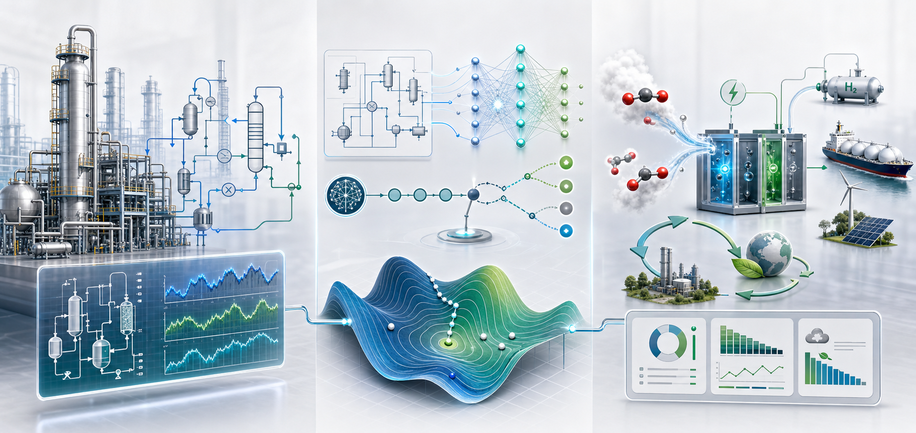Research areas of PSSL: process modeling and simulation, AI-integrated optimization, and sustainable energy and carbon utilization